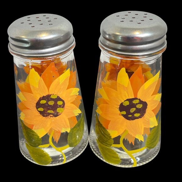 Vintage Glass Sunflower Salt & Pepper Shakers Hand-Painted Design With Metal Lid - Picture 1 of 9